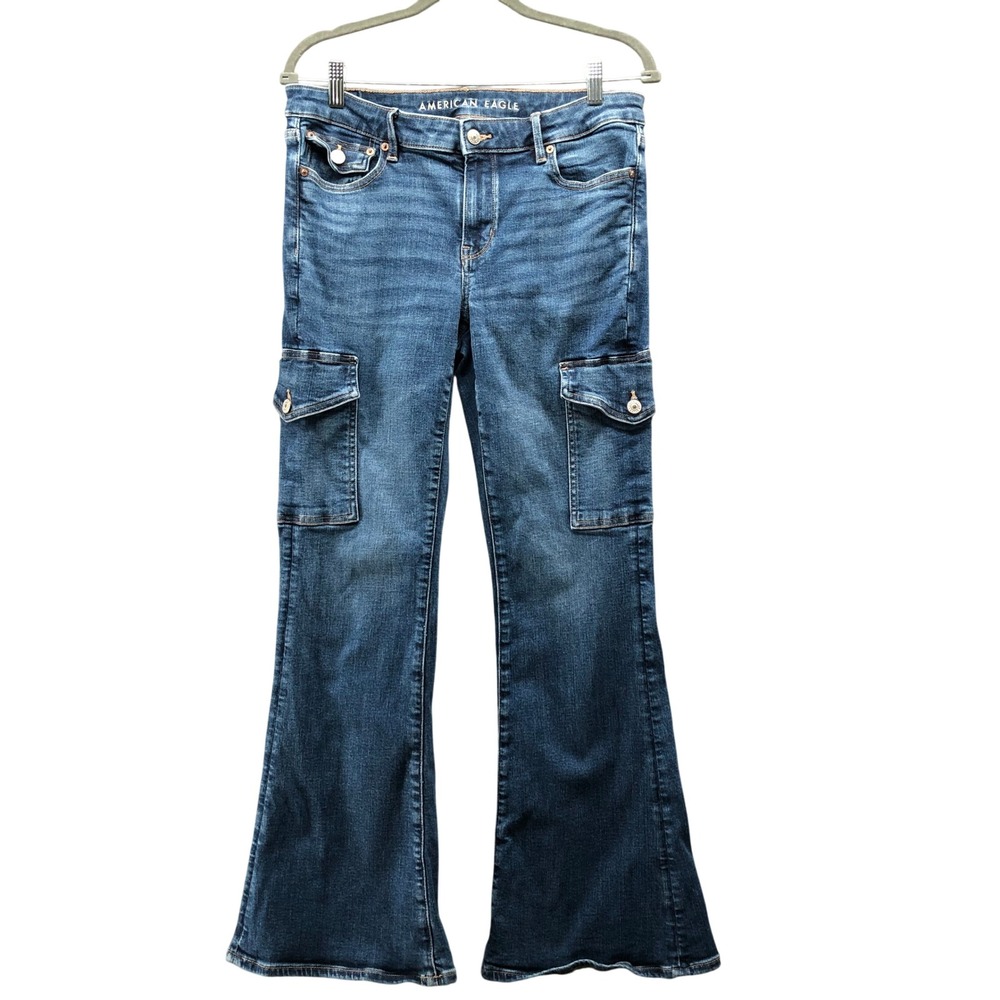 American Eagle Low Rise Cargo Flare Jeans Womens 8 Blue Y2K Style Stretch